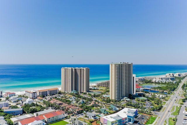 aerial view featuring a water view and a view of the beach