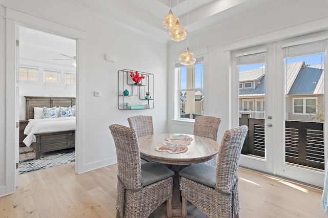 dining space featuring light wood-style floors, baseboards, and a raised ceiling