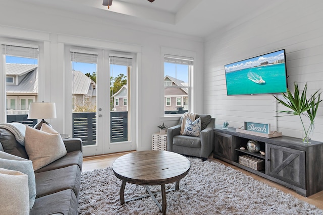 living room featuring a tray ceiling, french doors, ceiling fan, and wood finished floors