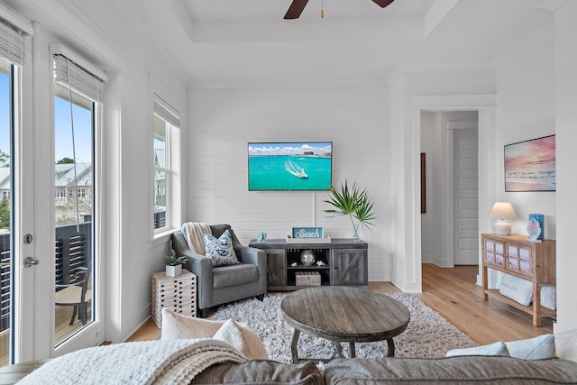 living room with baseboards, a raised ceiling, and wood finished floors