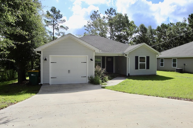 ranch-style house with central AC, a garage, and a front lawn