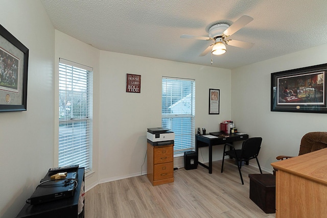 office space featuring light hardwood / wood-style floors, ceiling fan, and a textured ceiling