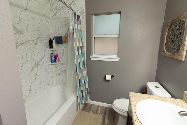 full bathroom featuring shower / tub combo with curtain, wood-type flooring, vanity, and toilet