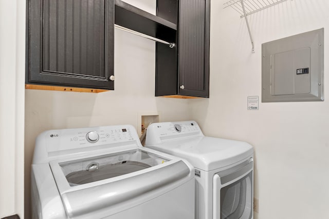 laundry room with cabinets, electric panel, and independent washer and dryer