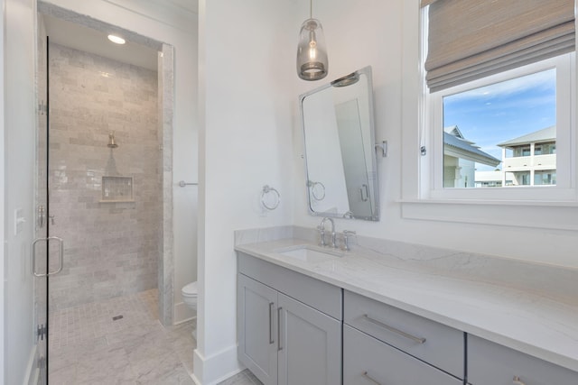 bathroom featuring a shower with door, vanity, and toilet