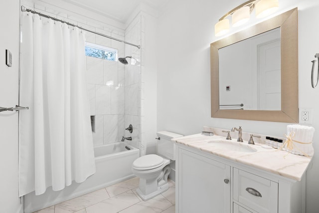 full bathroom featuring shower / tub combo, vanity, and toilet