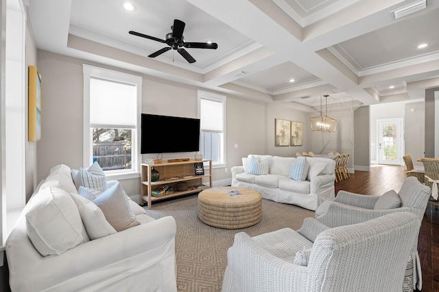 living room featuring beamed ceiling, coffered ceiling, dark hardwood / wood-style floors, and ornamental molding