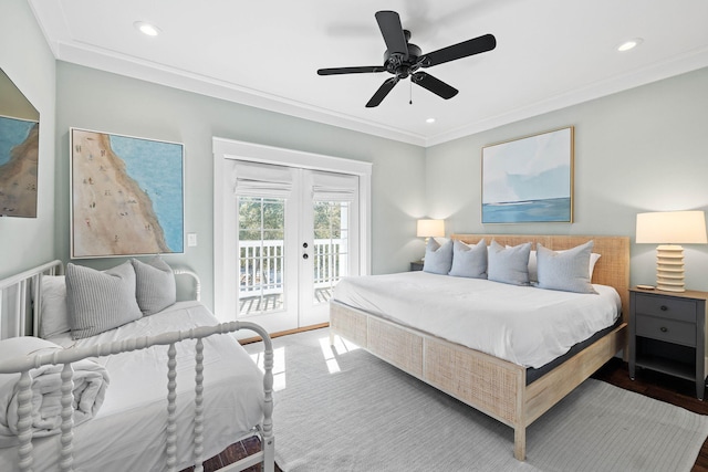 bedroom with crown molding, access to outside, french doors, and ceiling fan