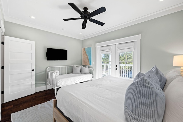 bedroom with french doors, dark wood-type flooring, crown molding, access to outside, and ceiling fan