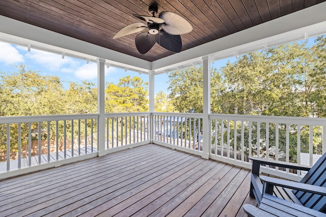 unfurnished sunroom with wooden ceiling and ceiling fan