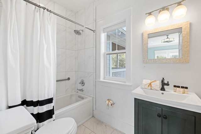 full bathroom with vanity, toilet, and shower / bath combo with shower curtain