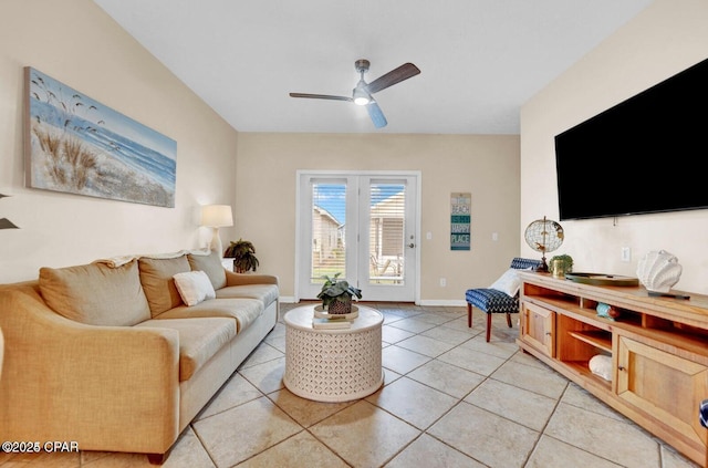 tiled living room with ceiling fan