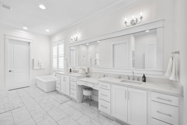 bathroom with crown molding, vanity, and plus walk in shower