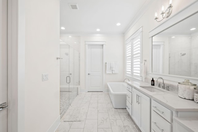 bathroom with vanity, ornamental molding, and plus walk in shower