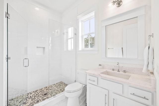 bathroom with walk in shower, vanity, and toilet