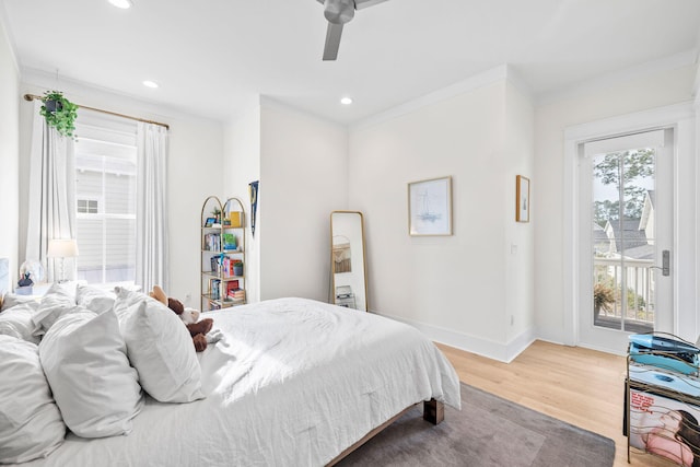 bedroom with access to exterior, ornamental molding, ceiling fan, and light wood-type flooring