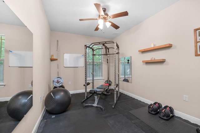 workout area featuring ceiling fan