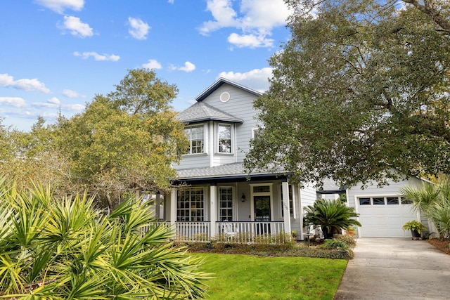 view of front of house featuring a garage, concrete driveway, a porch, and a shingled roof