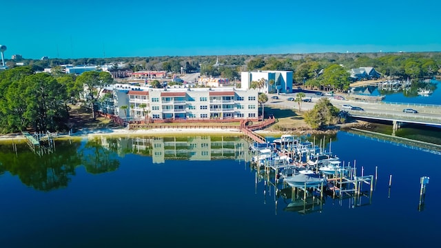 birds eye view of property featuring a water view