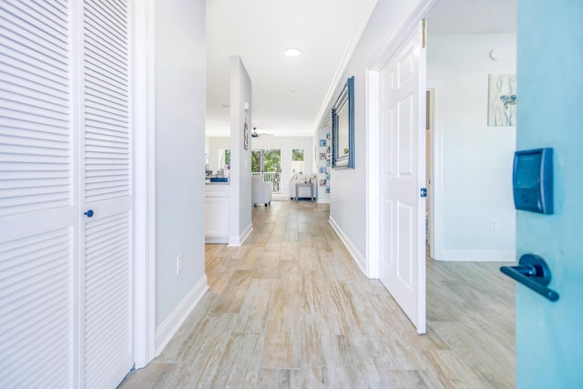 hallway with light hardwood / wood-style floors