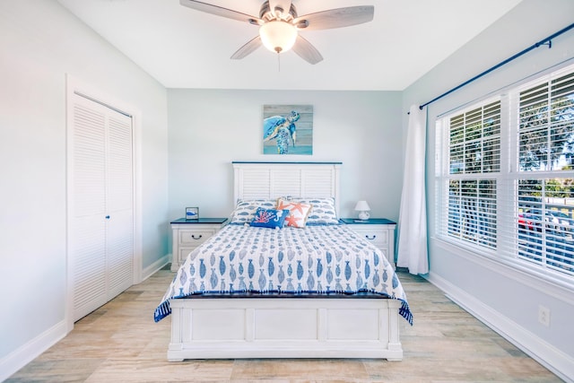 bedroom with ceiling fan and light wood-type flooring