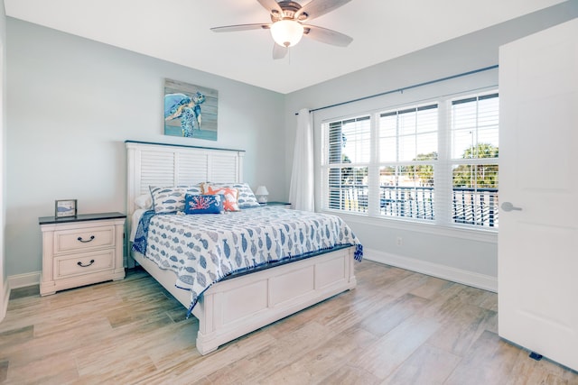 bedroom featuring light hardwood / wood-style floors and ceiling fan