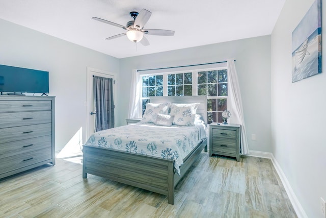 bedroom featuring ceiling fan and light wood-type flooring