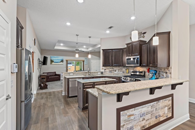 1911 Ladybird Ln, Gulf Breeze, FL 32563 - kitchen featuring a tray ceiling, stainless steel appliances, a sink, a peninsula, and dark brown cabinets