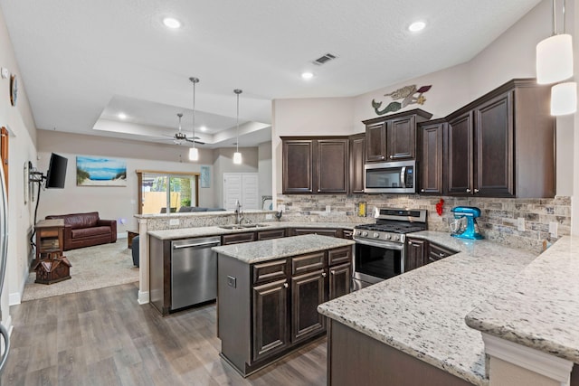 1911 Ladybird Ln, Gulf Breeze, FL 32563 - kitchen with open floor plan, a tray ceiling, visible vents, a peninsula, and appliances with stainless steel finishes