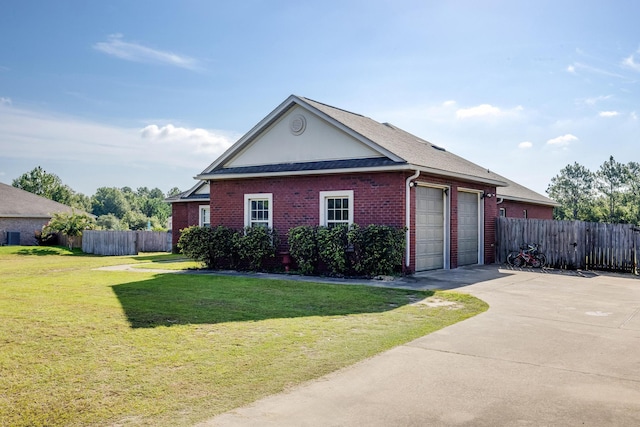 view of property exterior with a garage and a lawn