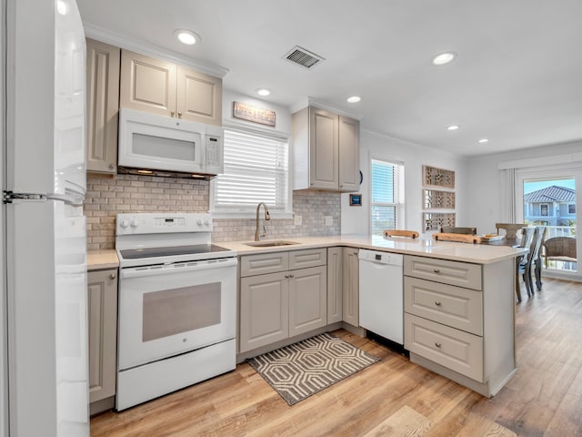 kitchen featuring sink, tasteful backsplash, light hardwood / wood-style flooring, kitchen peninsula, and white appliances