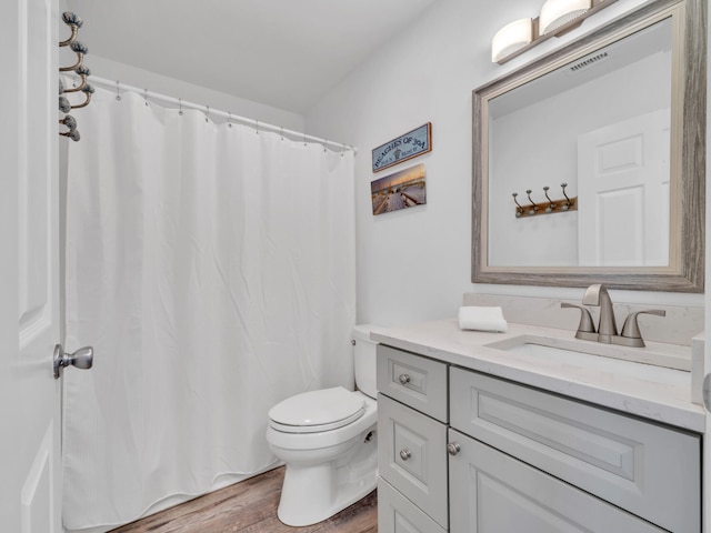 bathroom featuring vanity, wood-type flooring, and toilet