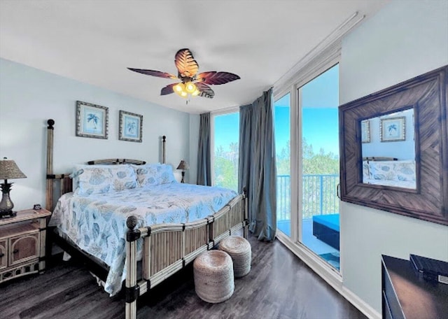 bedroom with dark hardwood / wood-style floors, ceiling fan, and access to exterior