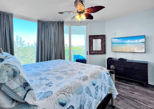 bedroom with hardwood / wood-style flooring, ceiling fan, and access to outside