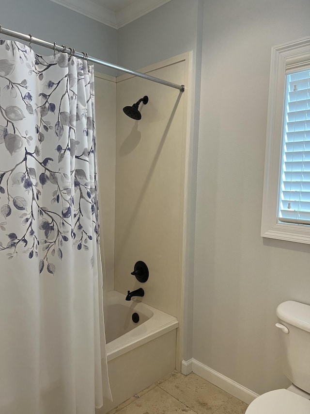 bathroom with tile patterned flooring, plenty of natural light, ornamental molding, and shower / bathtub combination with curtain