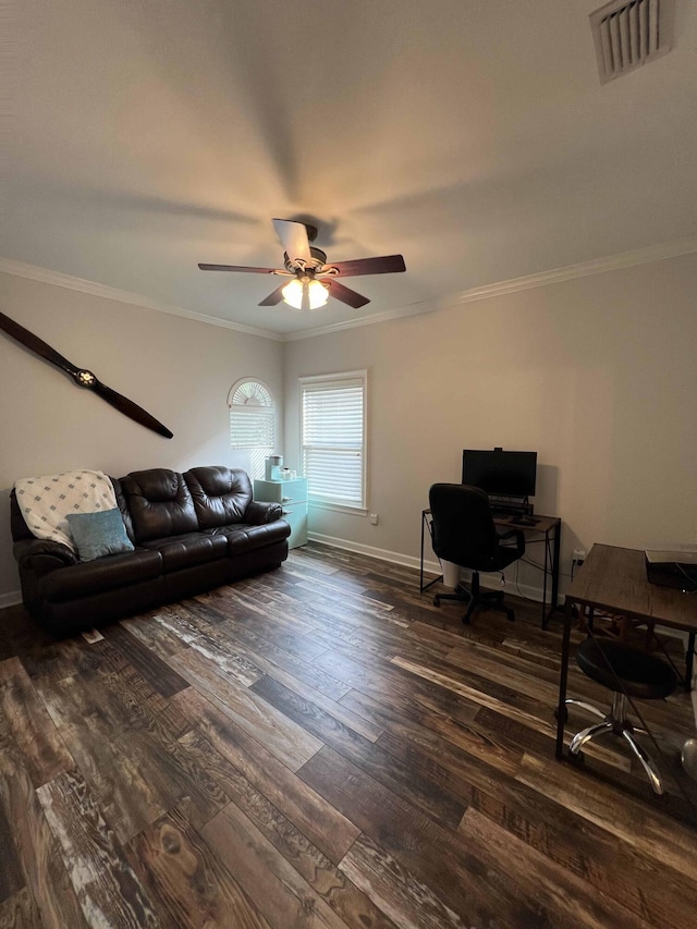 living room with crown molding, ceiling fan, and dark hardwood / wood-style flooring