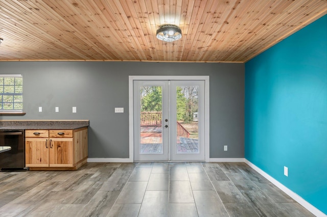 doorway featuring light hardwood / wood-style floors, a wealth of natural light, wood ceiling, and french doors