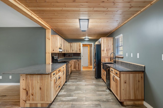 kitchen featuring sink, wood ceiling, black appliances, kitchen peninsula, and light brown cabinets