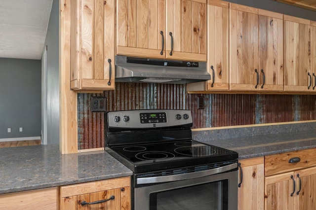 kitchen featuring dark stone counters and stainless steel range with electric cooktop