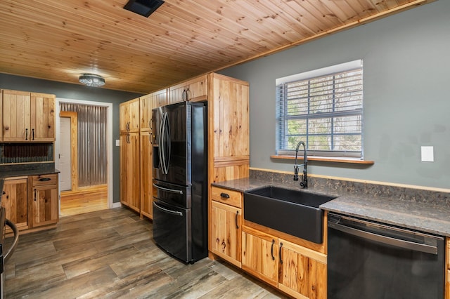 kitchen featuring sink, dark wood-type flooring, black appliances, and wooden ceiling