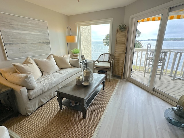 living room featuring light hardwood / wood-style flooring and a water view