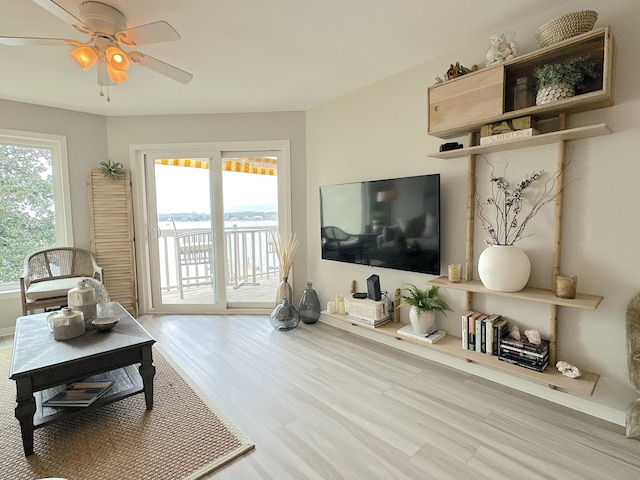 living room featuring ceiling fan, a wealth of natural light, and wood-type flooring