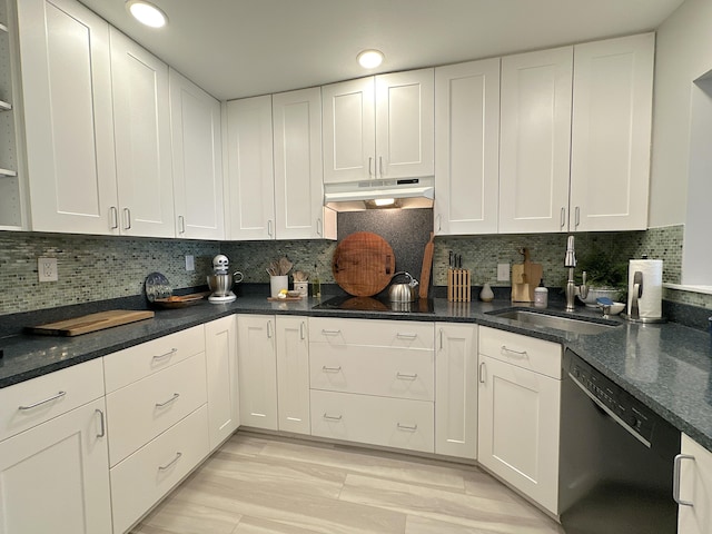 kitchen featuring white cabinetry, sink, backsplash, and black appliances