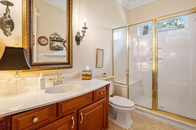 bathroom with toilet, an enclosed shower, tile patterned floors, ornamental molding, and vanity