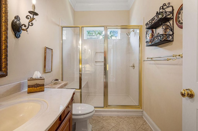 bathroom with tile patterned floors, a shower with shower door, crown molding, and toilet