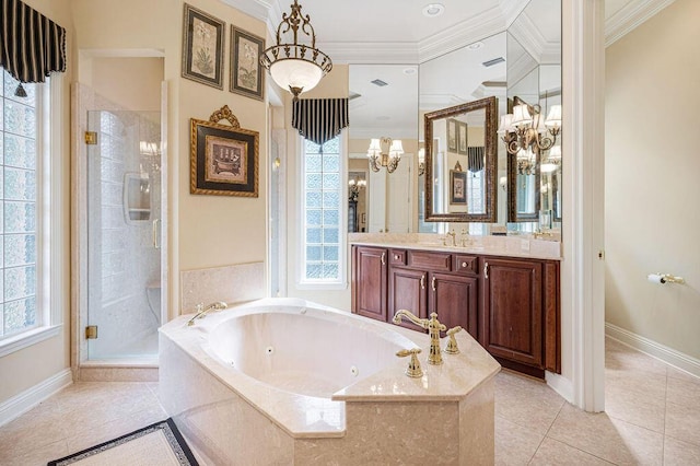 bathroom featuring separate shower and tub, vanity, crown molding, and a healthy amount of sunlight