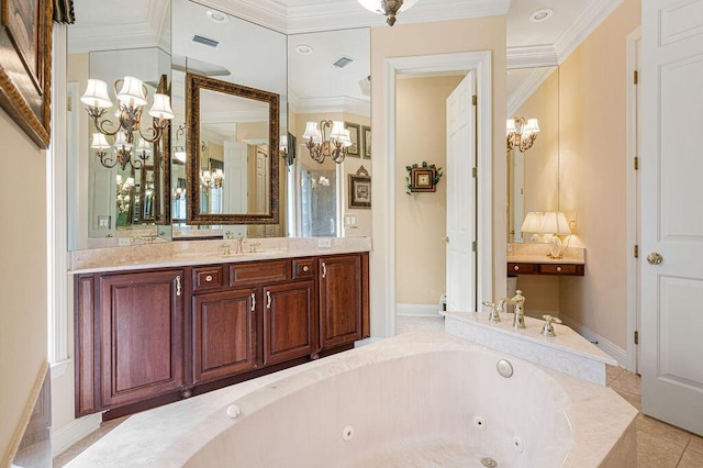 bathroom featuring a chandelier, vanity, crown molding, and a relaxing tiled tub