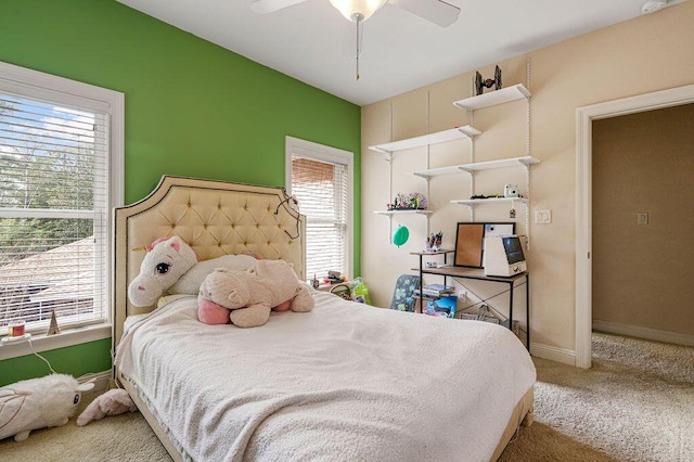 bedroom featuring ceiling fan and carpet floors