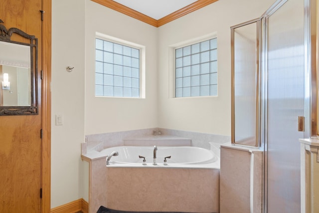 bathroom with crown molding and plus walk in shower