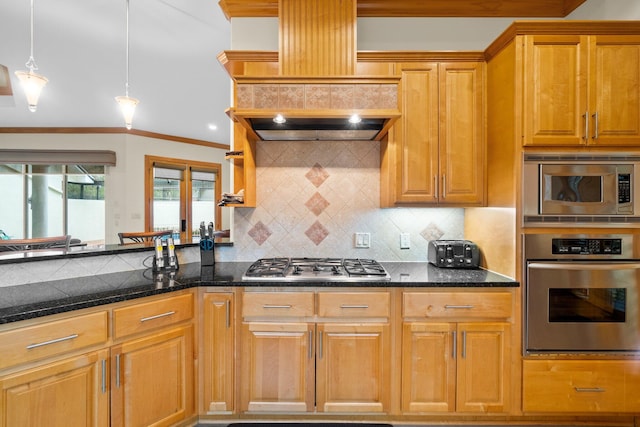 kitchen featuring hanging light fixtures, backsplash, ornamental molding, and stainless steel appliances